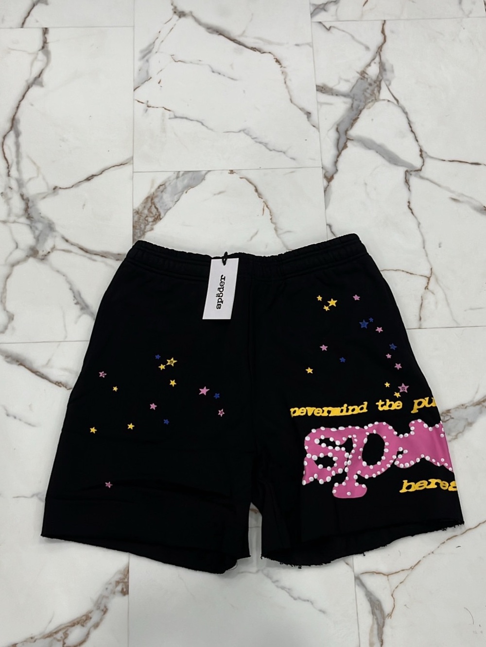 Men's Black Athletic Shorts with Pink Script & Star Print